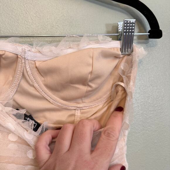 Lulus Bustier Crop Top M Beige In the Spotlight Polka Dot Mesh Ruffle Sweetheart - Picture 5 of 8